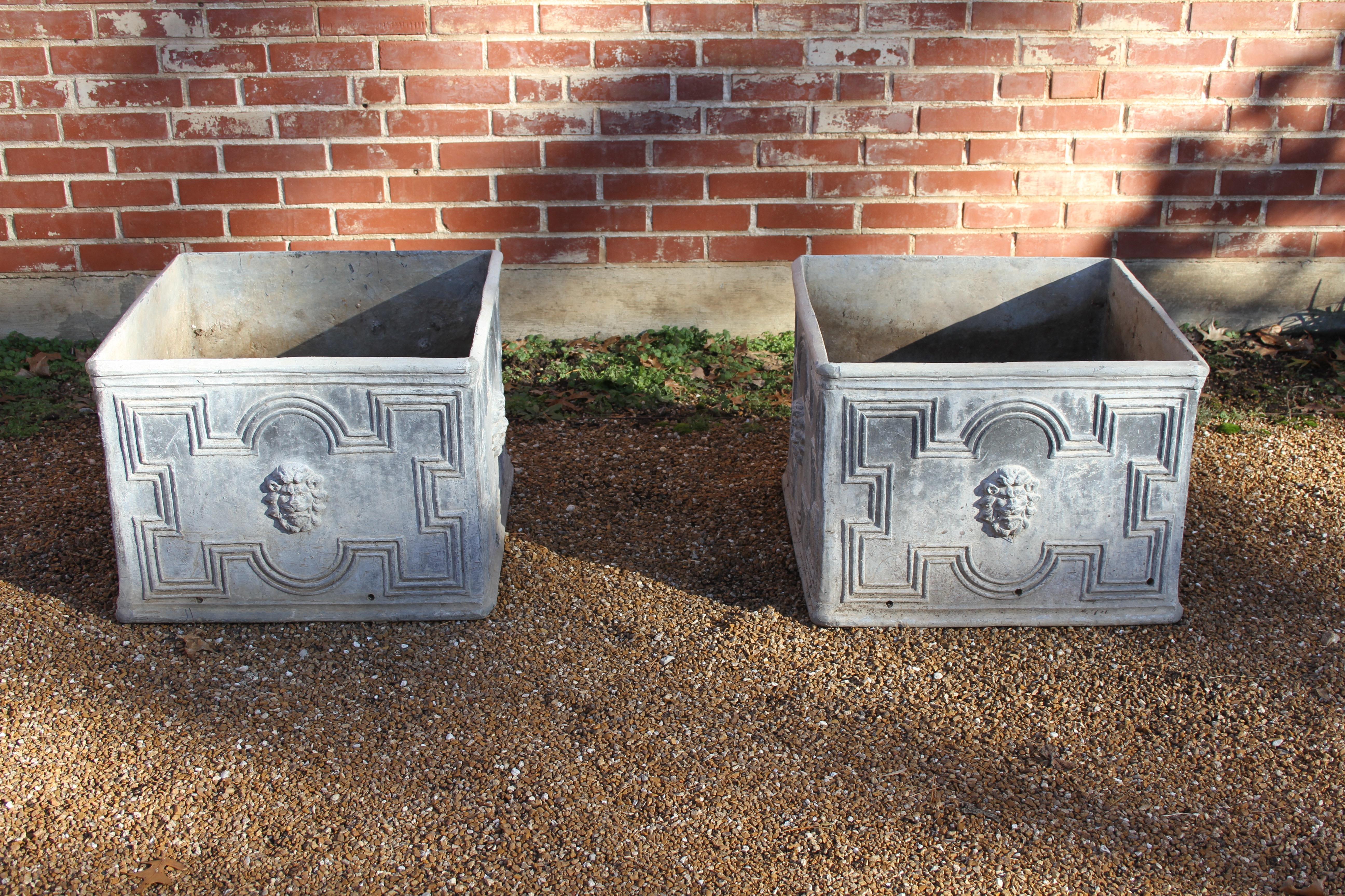 Pair of Square Antique English Lead Jardinieres with Lion Heads Planter Boxes  5