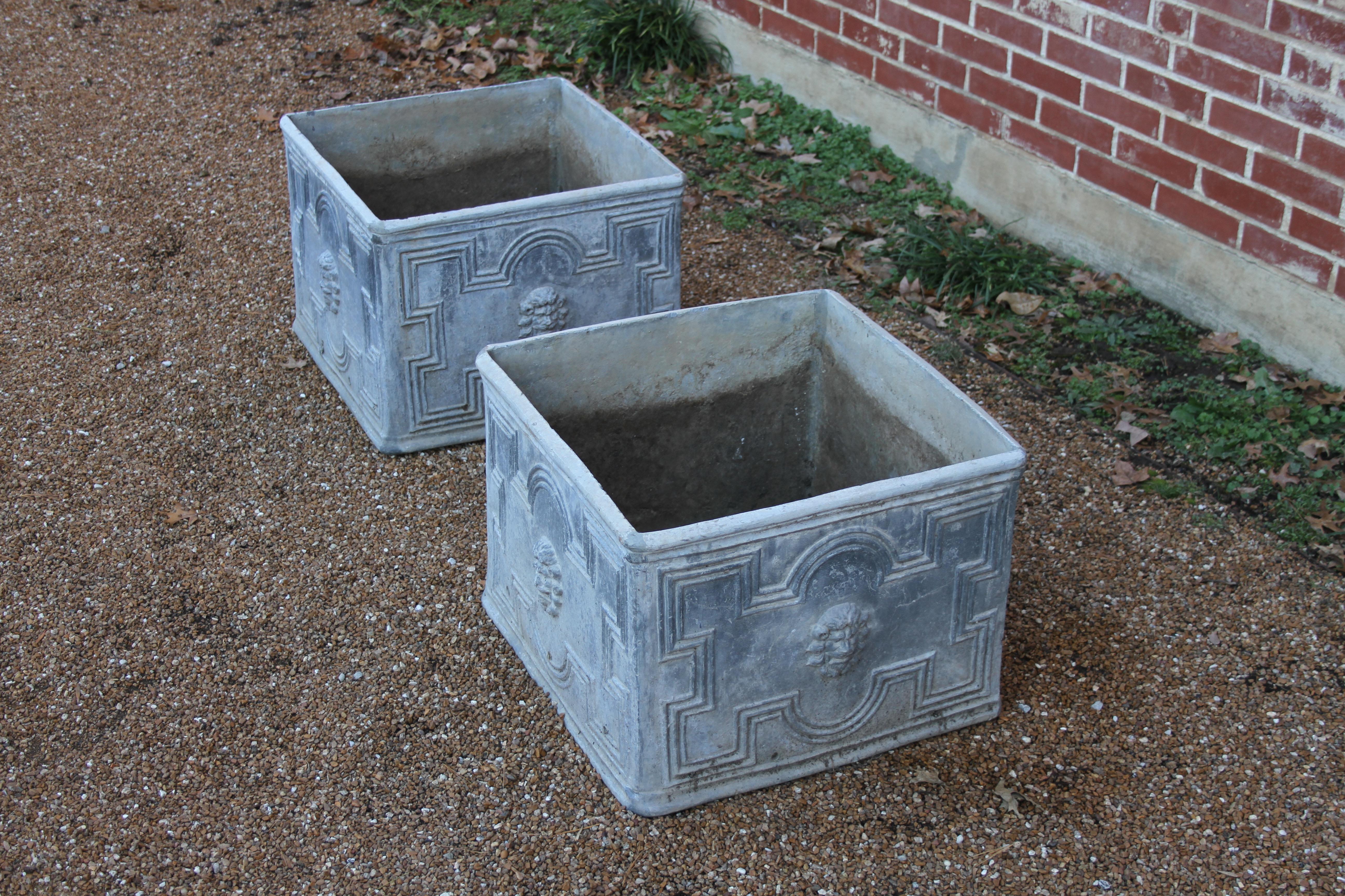 Pair of Square Antique English Lead Jardinieres with Lion Heads Planter Boxes  7