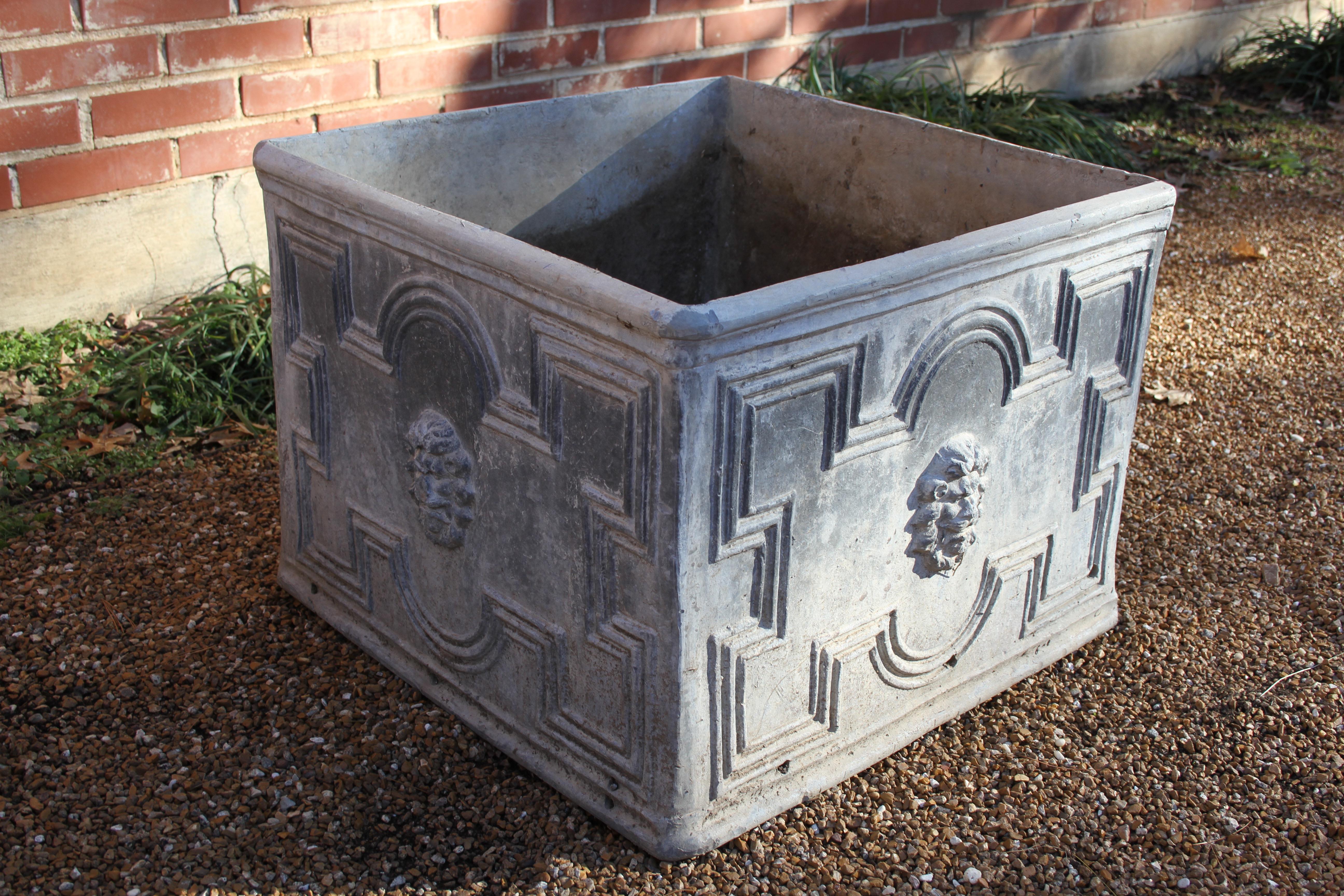 Pair shown are sold, Another pair available, no holes drilled in sides. New photos, coming soon.  

Antique lead planters with lions head and fantastic patina, from wonderful and elegant neoclassical home. These lead planters are very heavy, someone