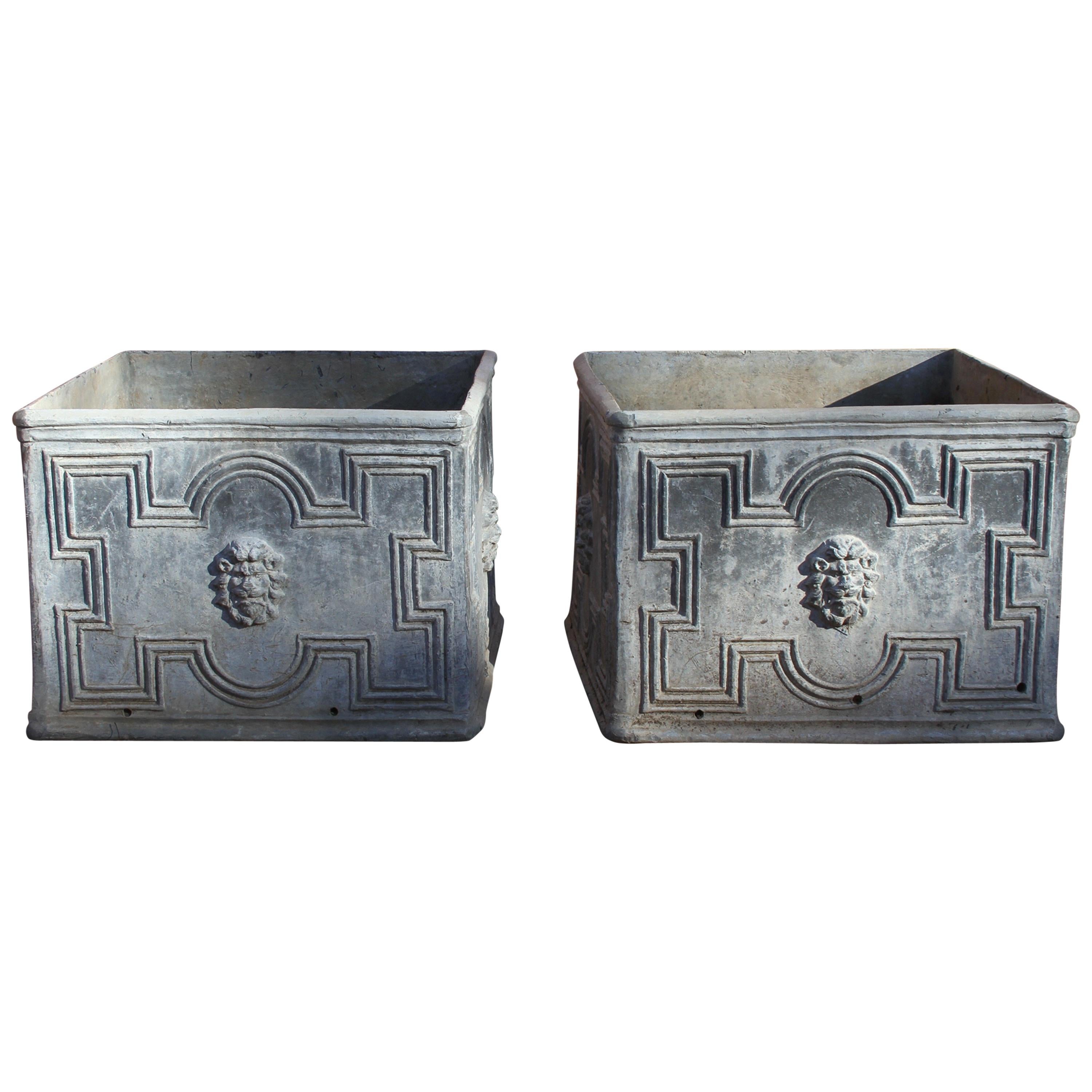 Pair of Square Antique English Lead Jardinieres with Lion Heads Planter Boxes 