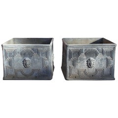 Pair of Square Antique English Lead Jardinieres with Lion Heads Planter Boxes