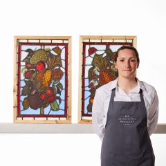 Pair of Antique English Leaded Glass Windows Depicting Fruit