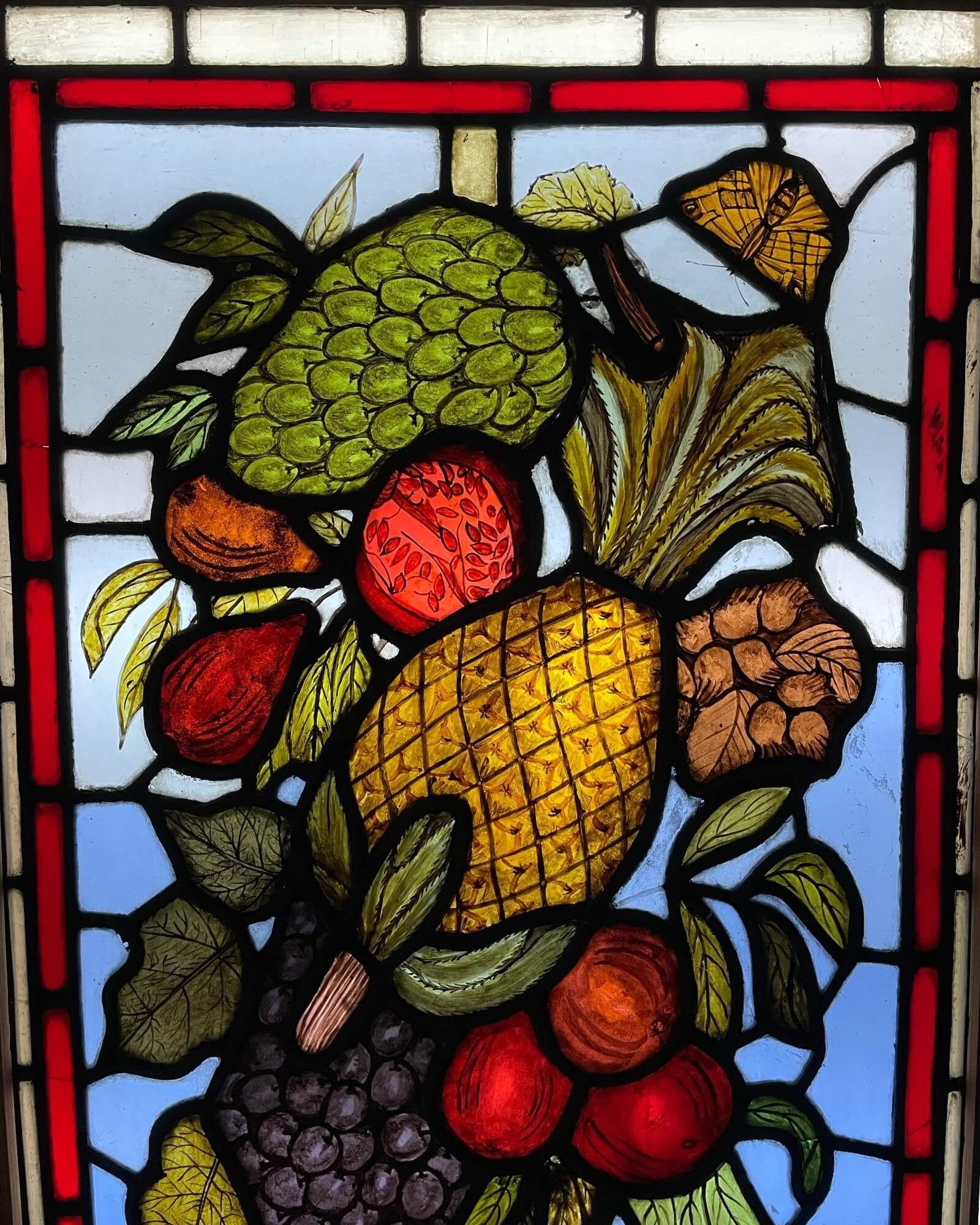 Victorian Pair of Antique English Leaded Glass Windows Depicting Fruit For Sale