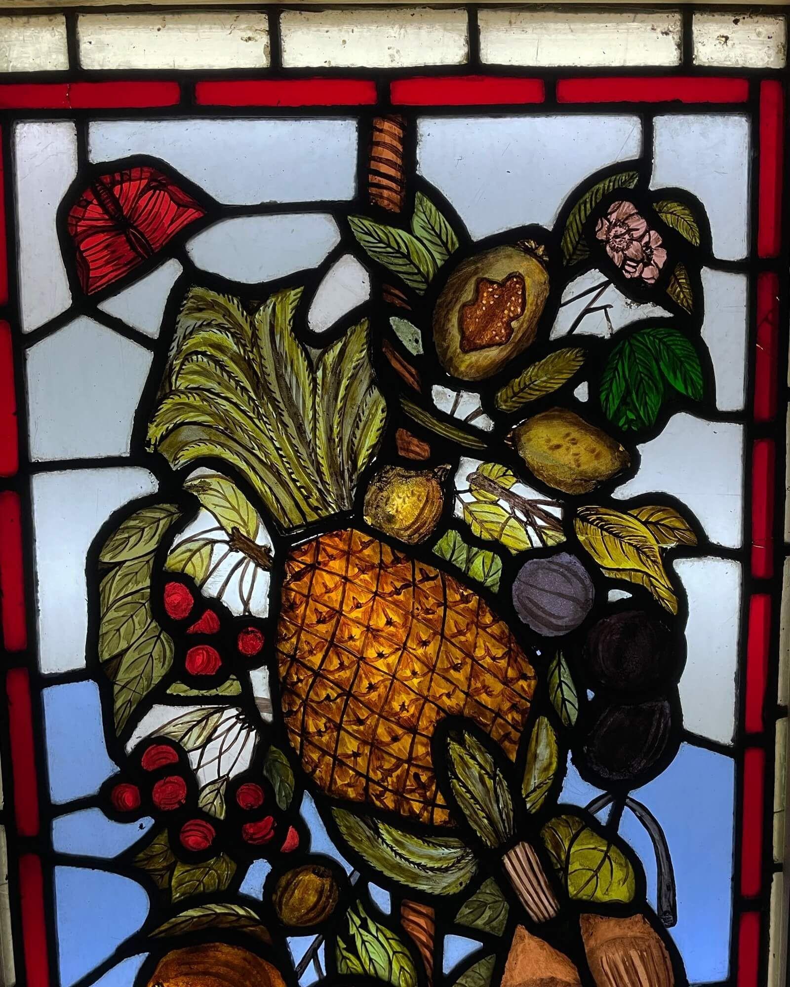 Pair of Antique English Leaded Glass Windows Depicting Fruit In Fair Condition For Sale In Wormelow, Herefordshire
