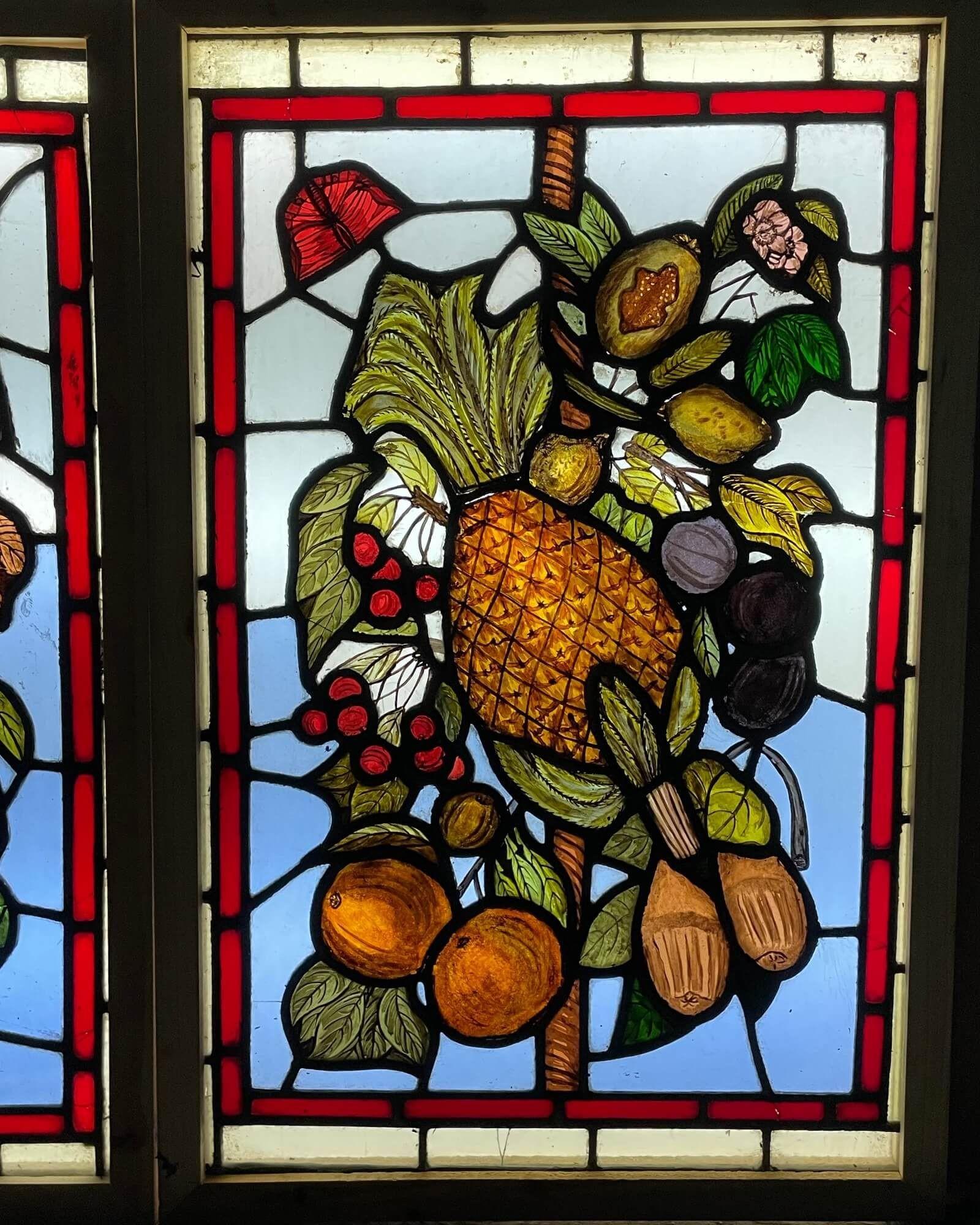 19th Century Pair of Antique English Leaded Glass Windows Depicting Fruit For Sale