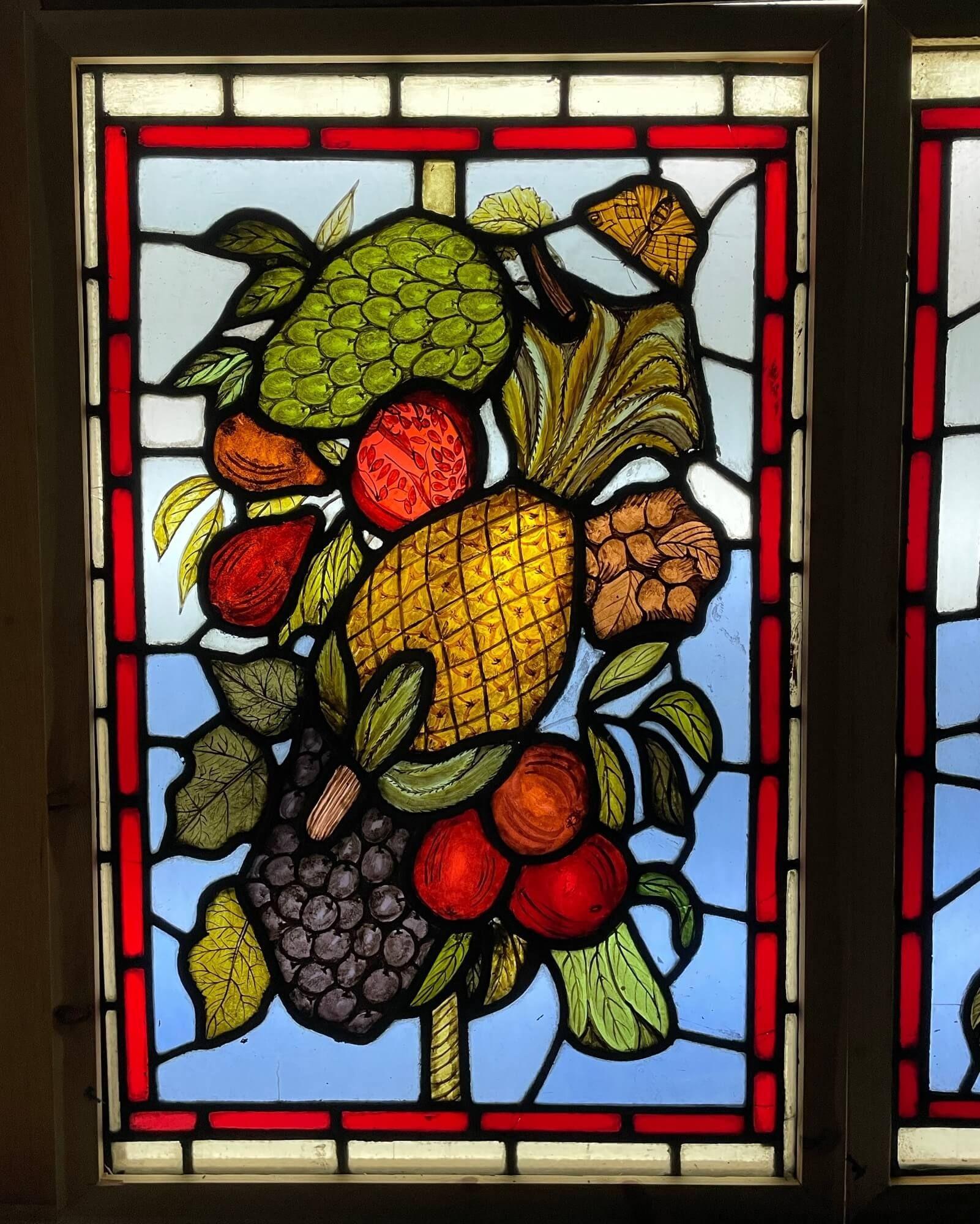 Pair of Antique English Leaded Glass Windows Depicting Fruit For Sale 1