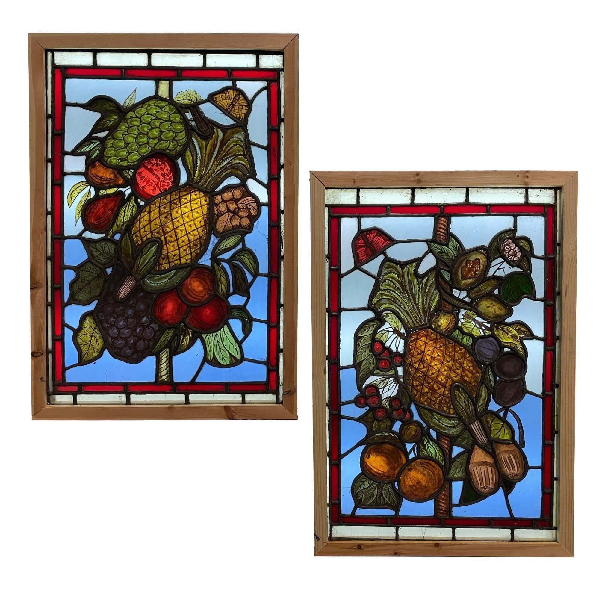Pair of Antique English Leaded Glass Windows Depicting Fruit For Sale 2