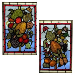 Pair of Antique English Leaded Glass Windows Depicting Fruit