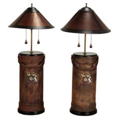 Pair of Antique English Leather Bucket Table Lamps with Armorial Crests