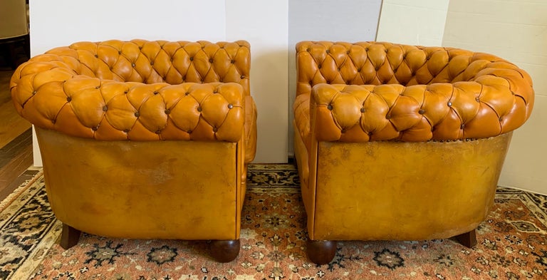 Pair of Antique English Leather Tufted Chesterfield Club Chairs at 1stDibs