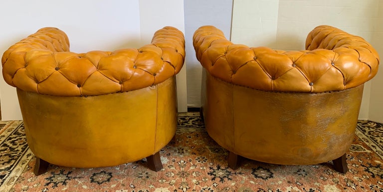 Pair of Antique English Leather Tufted Chesterfield Club Chairs at 1stDibs