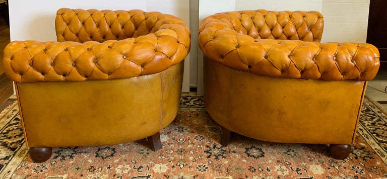 Pair of Antique English Leather Tufted Chesterfield Club Chairs at 1stDibs