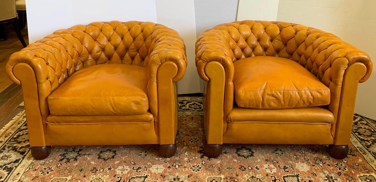 Pair of Antique English Leather Tufted Chesterfield Club Chairs at 1stDibs