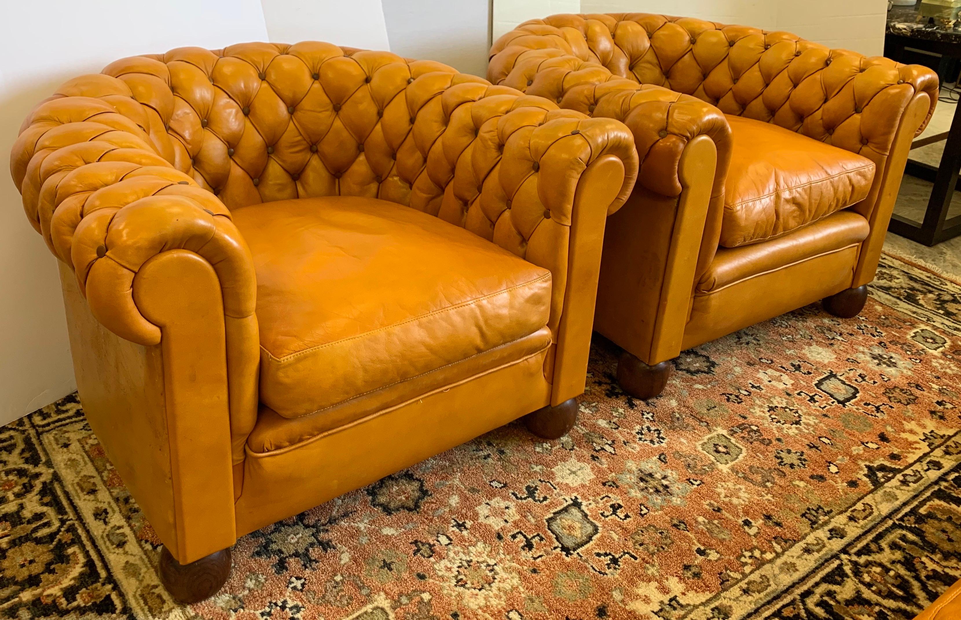 Pair of Antique English Leather Tufted Chesterfield Club Chairs In Fair Condition In West Hartford, CT