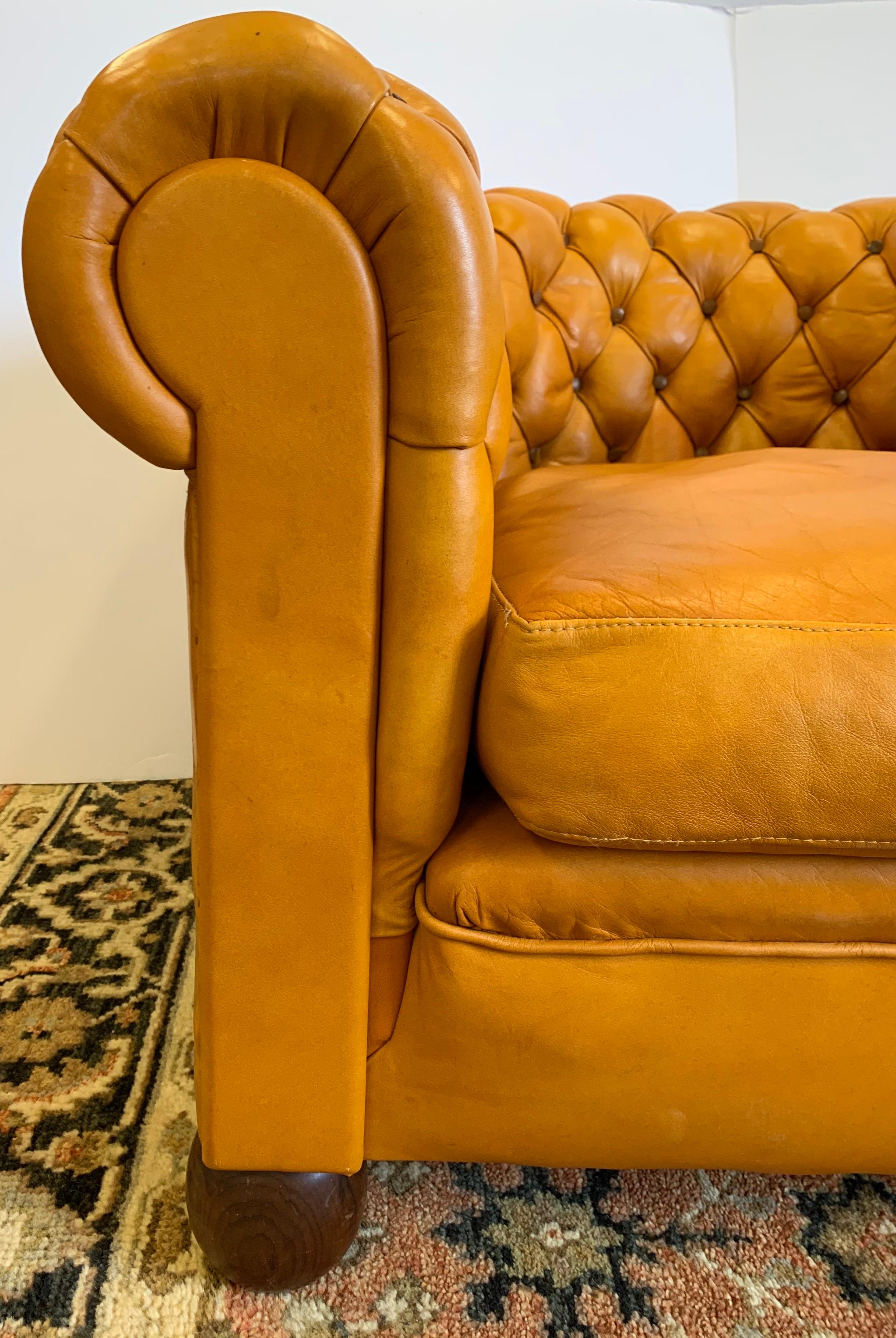 Pair of Antique English Leather Tufted Chesterfield Club Chairs 1