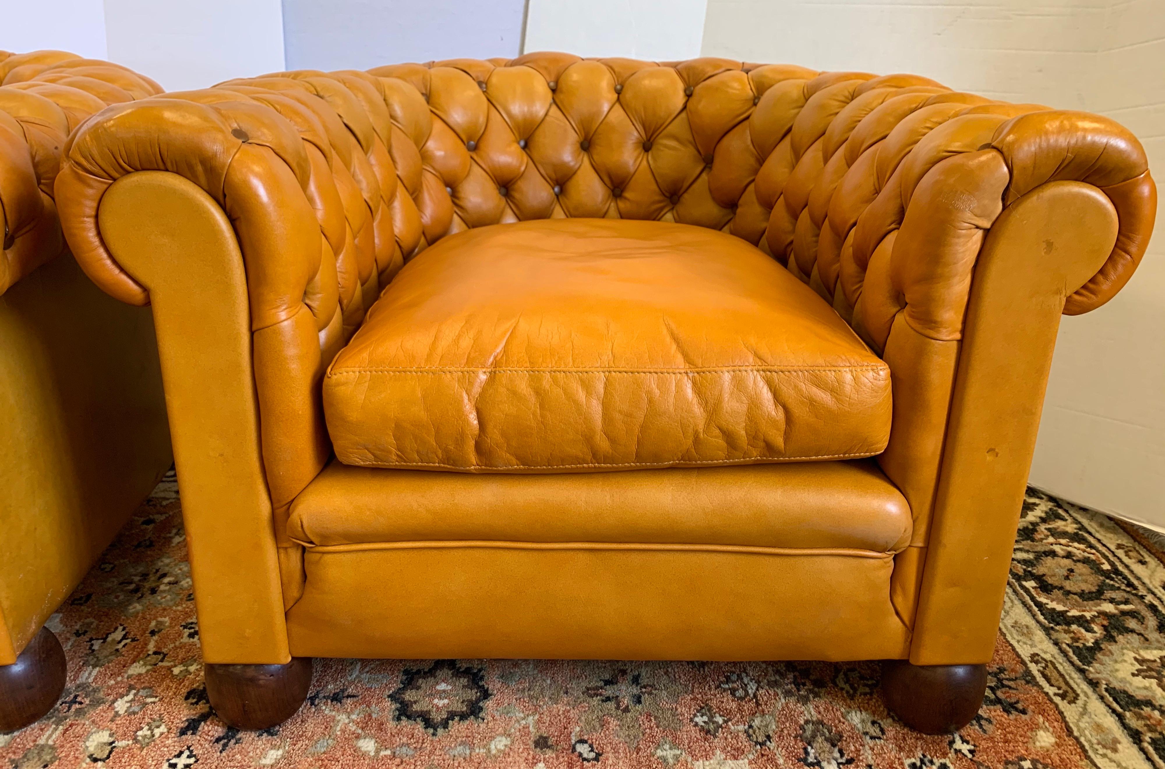 Pair of Antique English Leather Tufted Chesterfield Club Chairs 2
