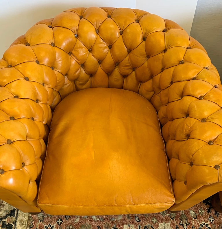 Pair of Antique English Leather Tufted Chesterfield Club Chairs at 1stDibs