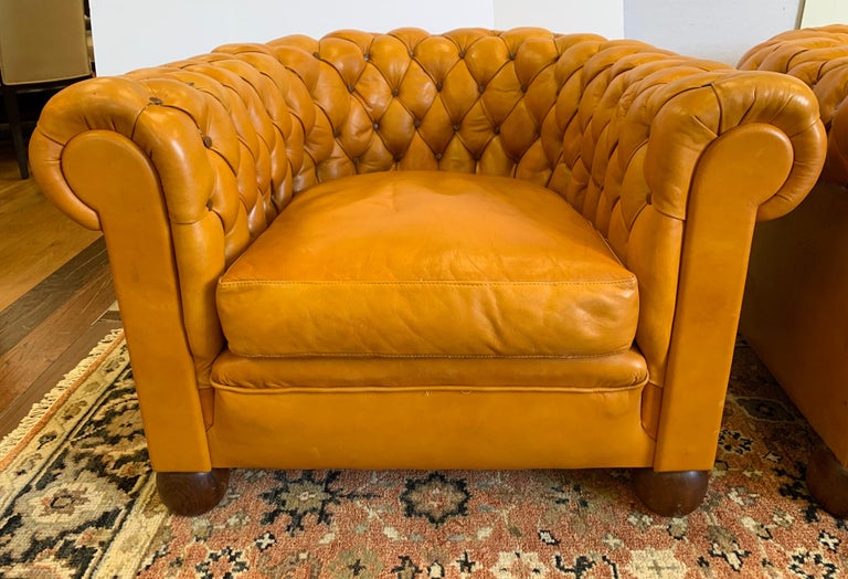Pair of Antique English Leather Tufted Chesterfield Club Chairs at 1stDibs