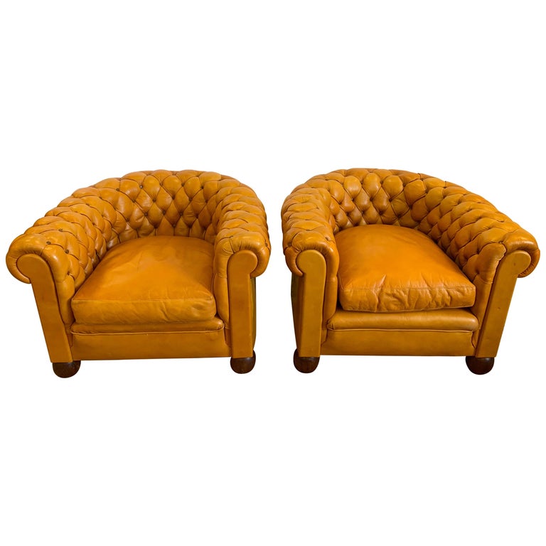 Pair of Antique English Leather Tufted Chesterfield Club Chairs at 1stDibs