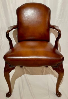 Pair of Antique English Mahogany Leather Armchairs, Circa 1890's.