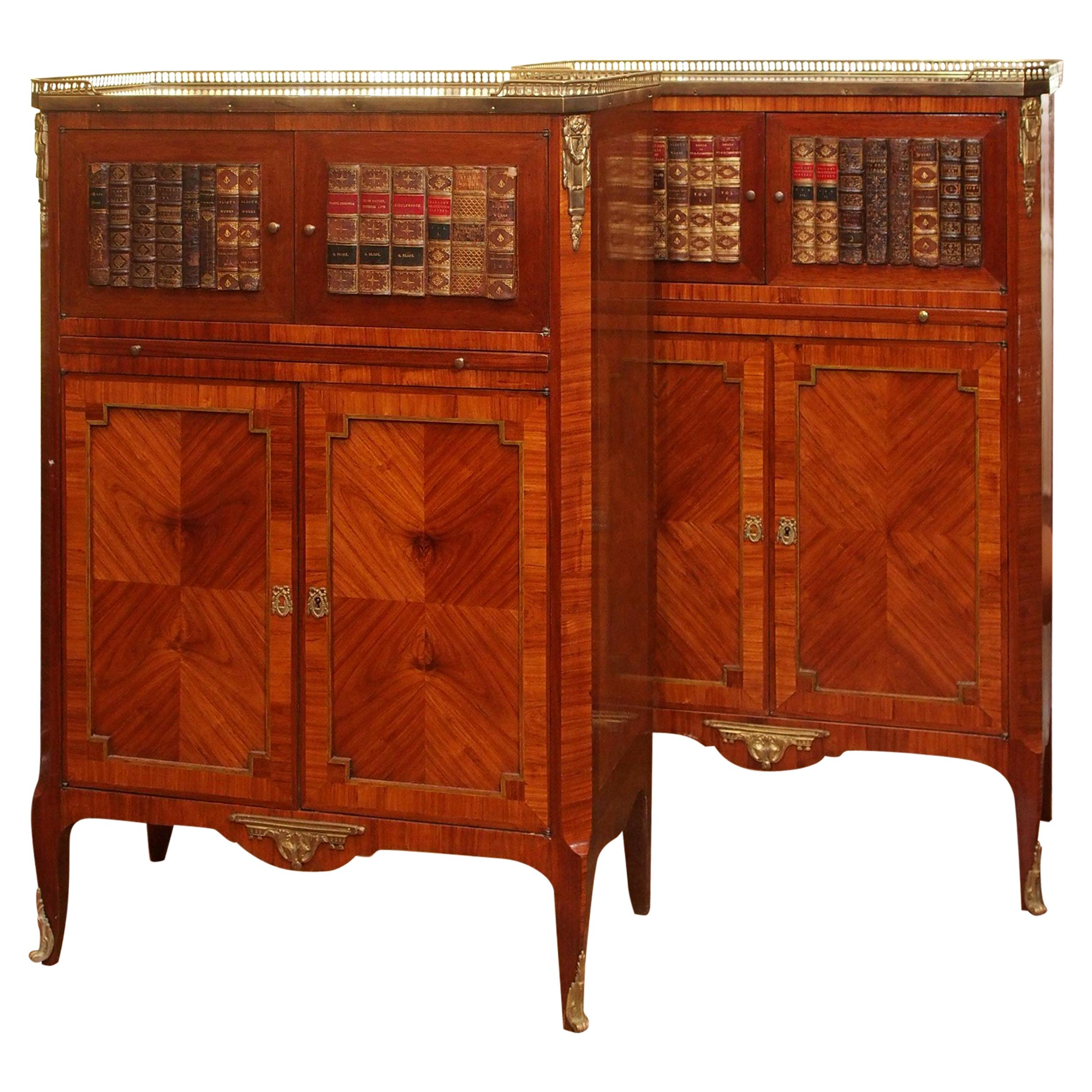 Pair of Antique English Mahogany Marble-Top Library Bookcases, circa 1880