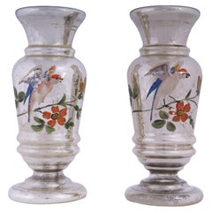 Pair of Antique English Mercury Glass Decorated Vases