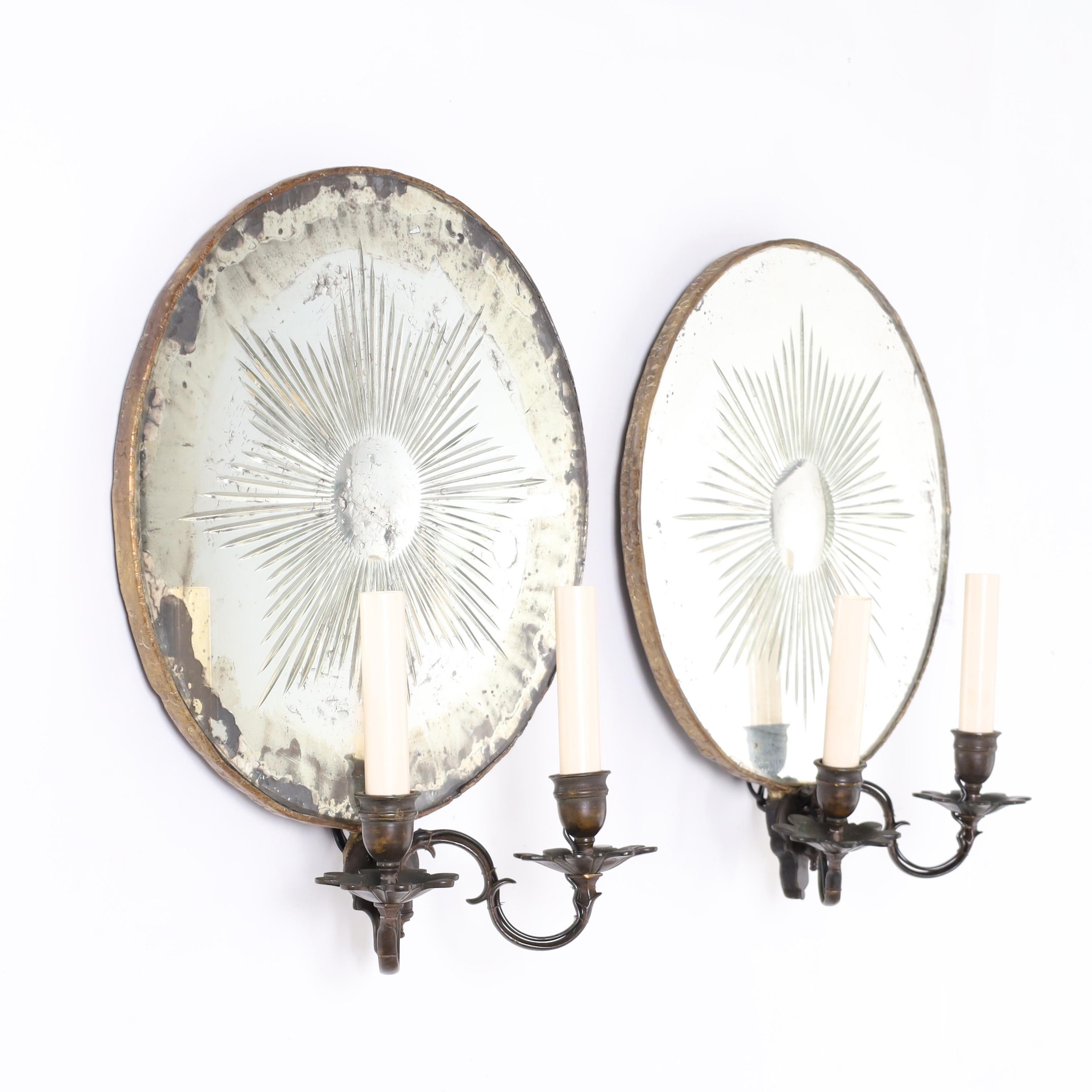 Regency Pair of Antique English Mirrored Wall Sconces