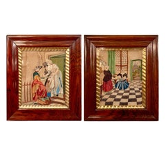 Pair of Antique English Needlepoint Scenes in Rosewood Frames, Circa 1840-1860.