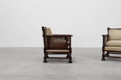 Pair of Antique English Oak and Rattan Armchairs with Twisted Details, UK