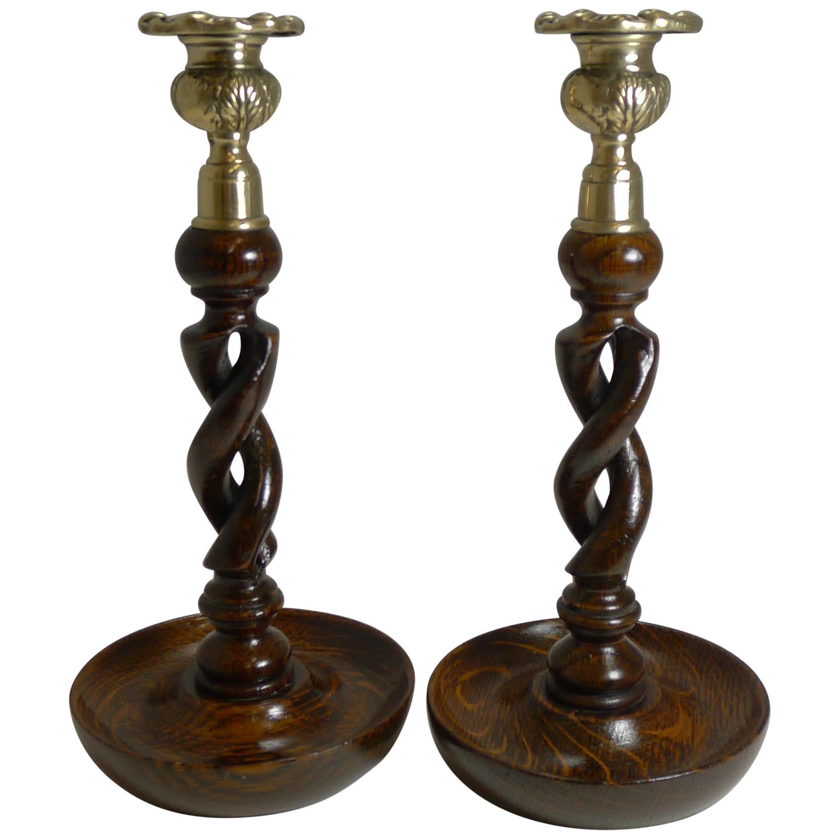 Pair of Antique English Oak Barley Twist Candlesticks, Brass Thistle