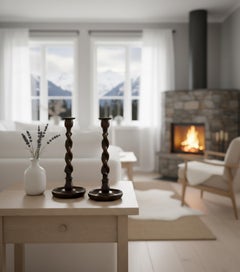 Pair of Antique English Oak Barley Twist Candlesticks, circa 1900