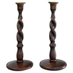 Pair of Antique English Oak Barley Twist Candlesticks, circa 1900