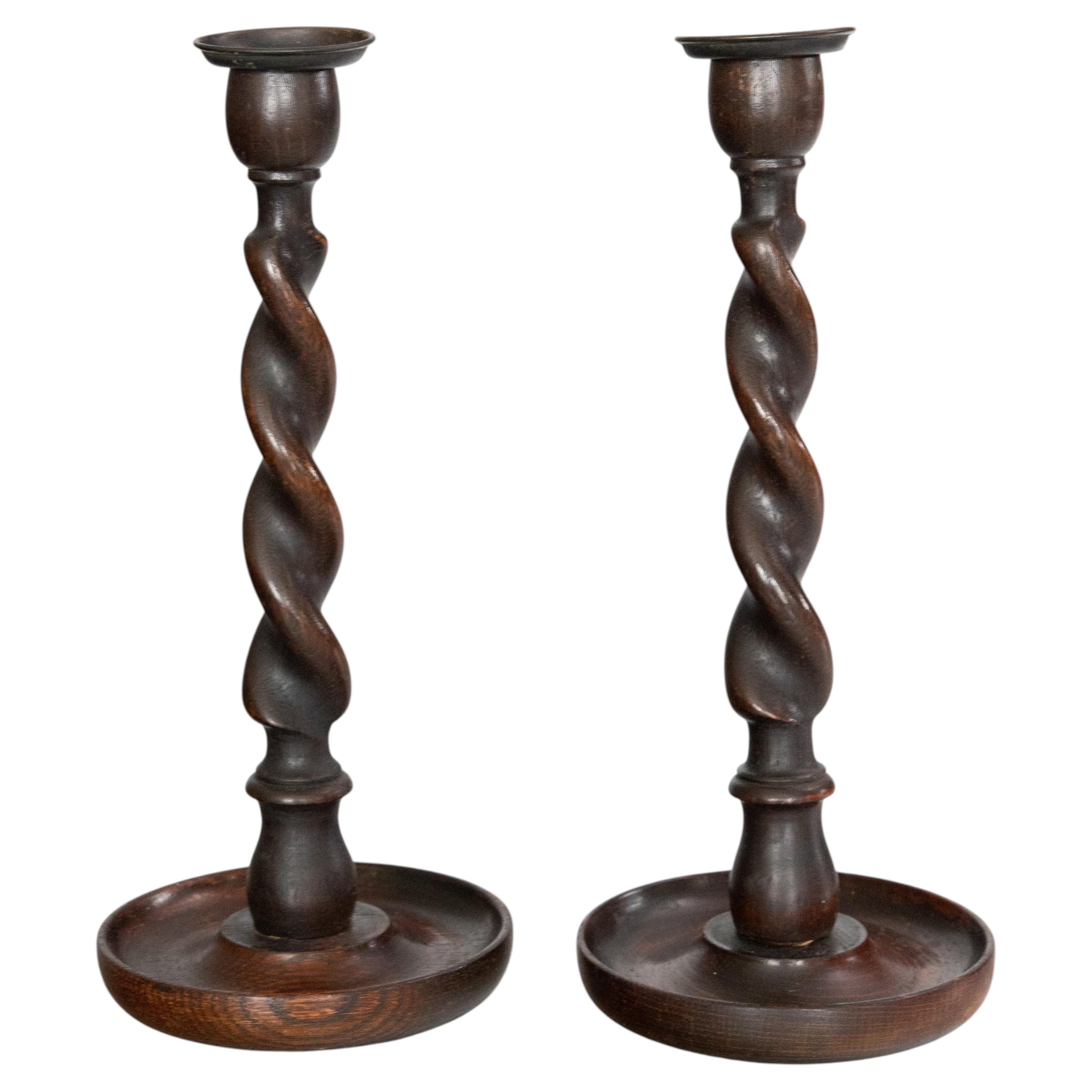Pair of Antique English Oak Barley Twist Candlesticks, circa 1900 For Sale