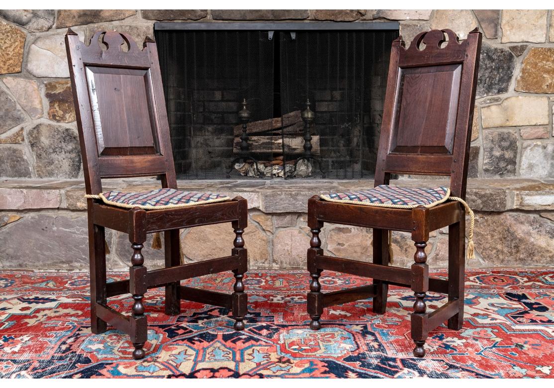 Pair Of Antique English Oak Jacobean Style Hall Chairs For Sale 9