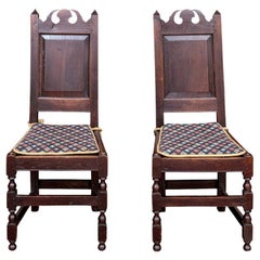Pair Of Antique English Oak Jacobean Style Hall Chairs