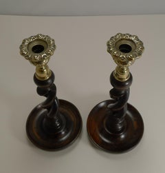 Pair of Antique English Oak Open Barley Twist Candlesticks, Brass Thistle Tops