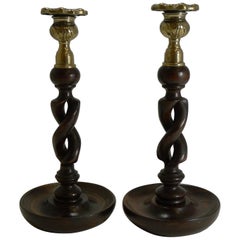 Pair of Antique English Oak Open Barley Twist Candlesticks, Brass Thistle Tops