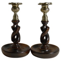 Pair of Antique English Oak Open Barley Twist Candlesticks, Brass Thistle Tops