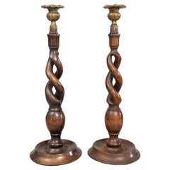 Pair of Antique English Oak Open Barley Twist Candlesticks, circa 1900