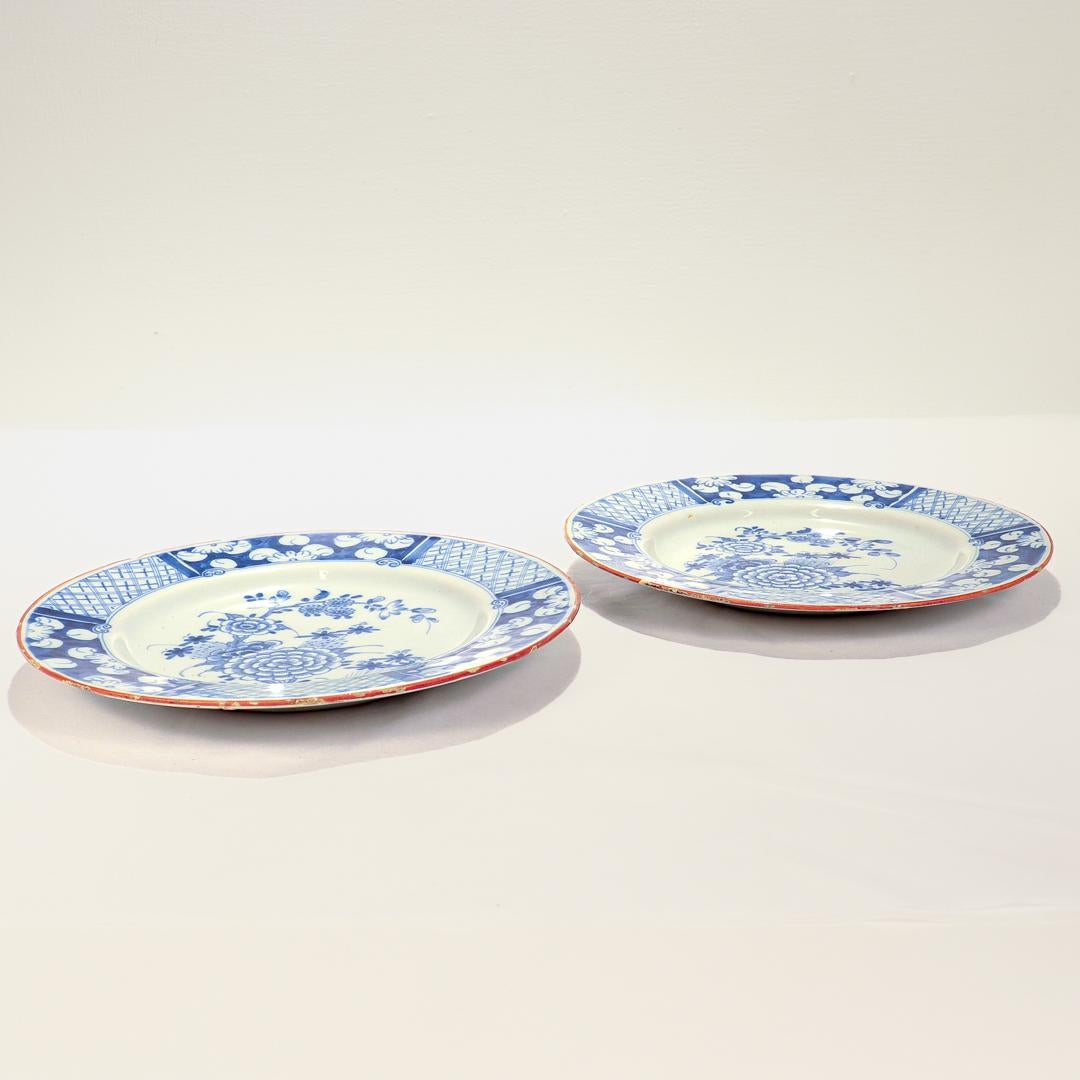 Pair of Antique English or Irish Delft Pottery Chinoiserie Blue Decorated Plates In Good Condition For Sale In Philadelphia, PA