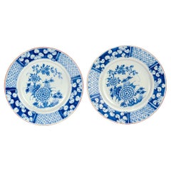 Paire d'assiettes anciennes anglaises ou irlandaises en poterie de Delft décorées de bleu Chinoiserie