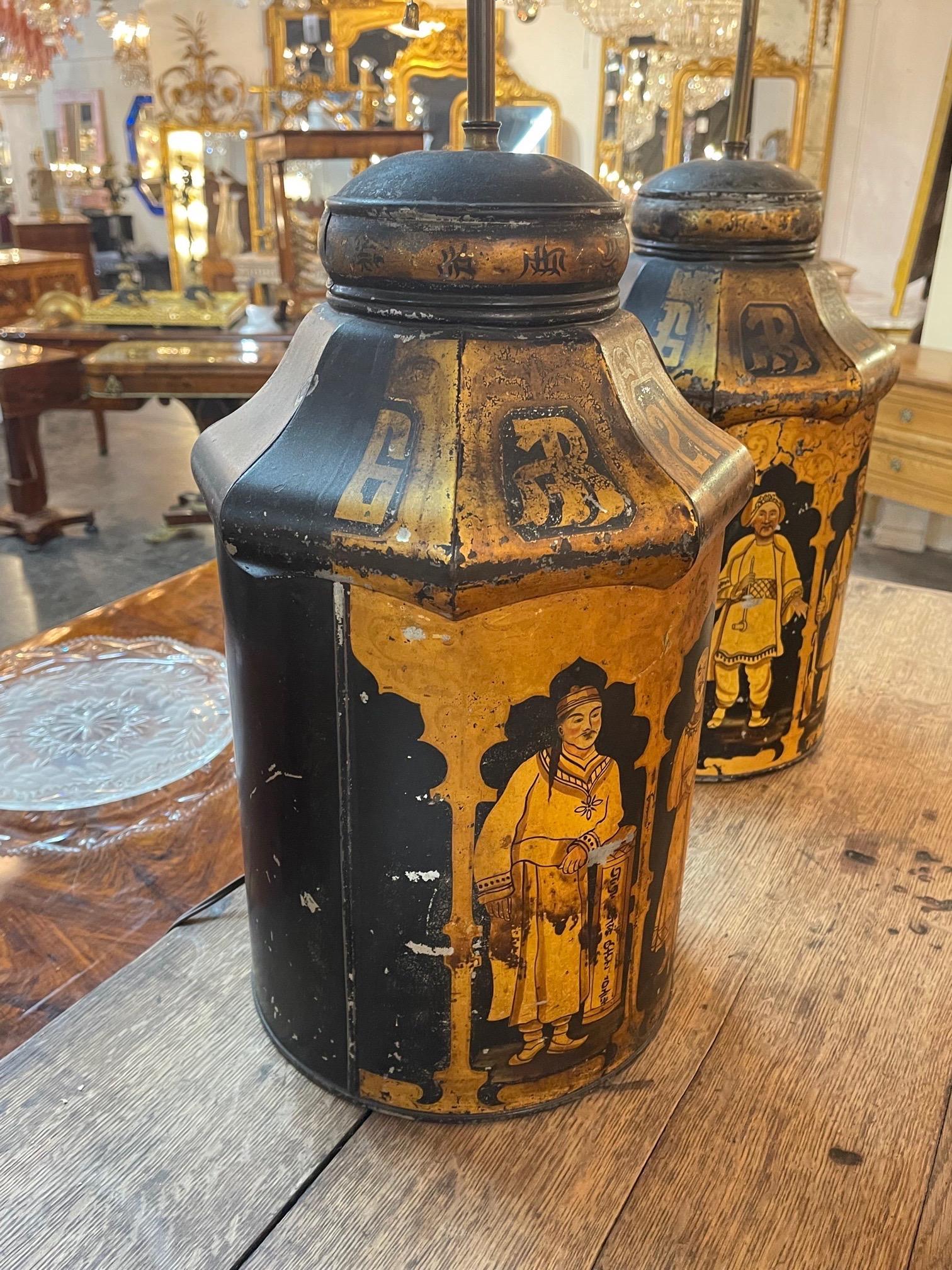 Hand-Painted Pair of Antique English Painted Tea Can Lamps For Sale