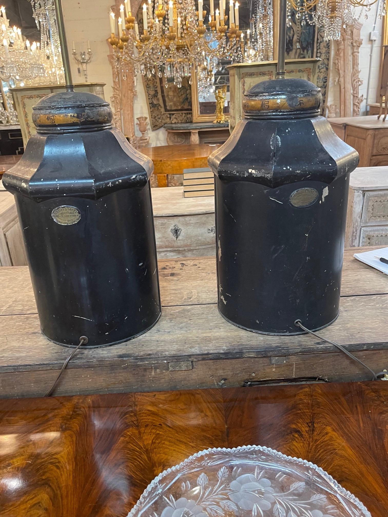20th Century Pair of Antique English Painted Tea Can Lamps For Sale