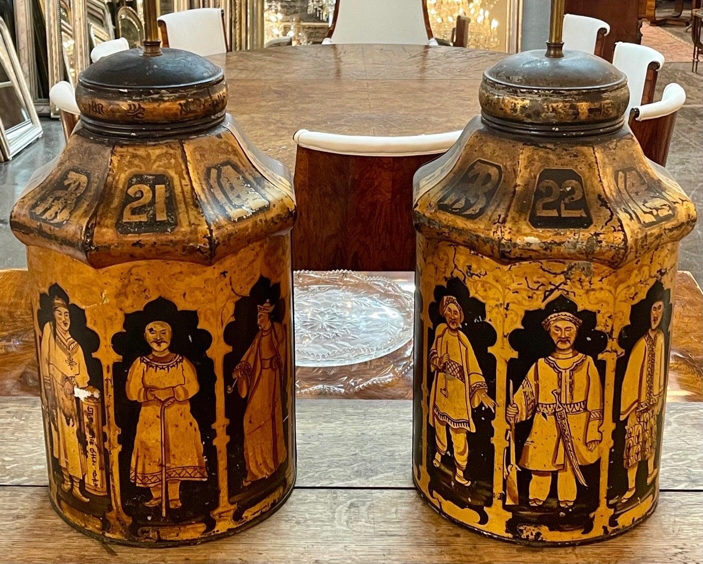 Pair of Antique English Painted Tea Can Lamps For Sale 1