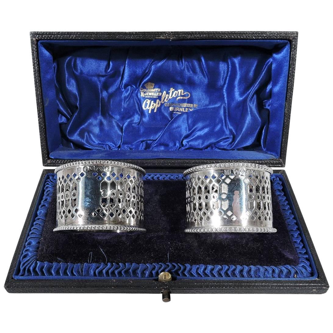 Pair of Antique English Pierced Sterling Silver Napkin Rings in Leather Box