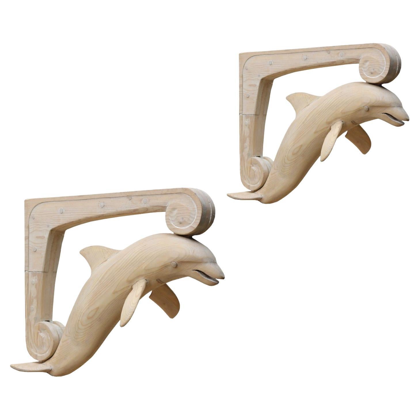 Pair of Antique English Pine Dolphin Brackets For Sale