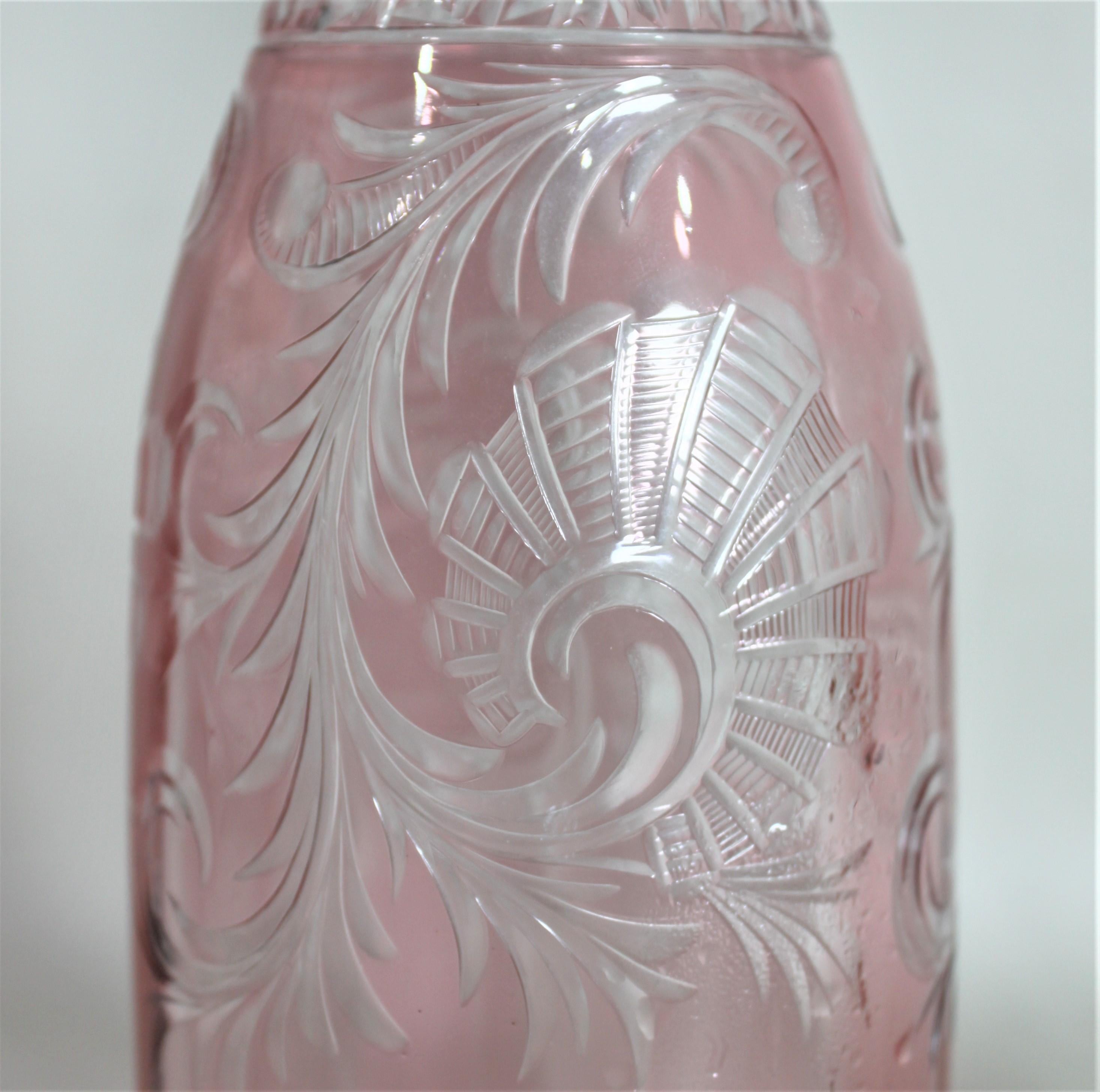 Pair of Antique Pink Cranberry Cut Glass Bottle Decanters with Sterling Rims 1