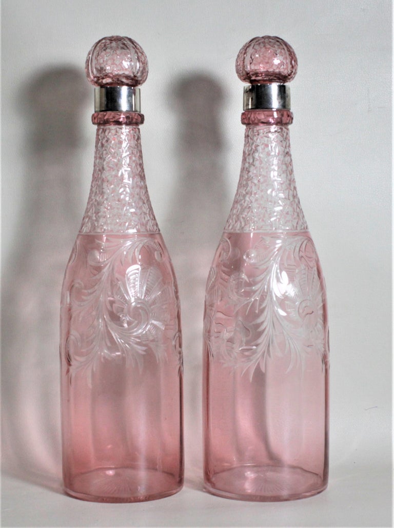 Pair of Antique Pink Cranberry Cut Glass Bottle Decanters with Sterling ...