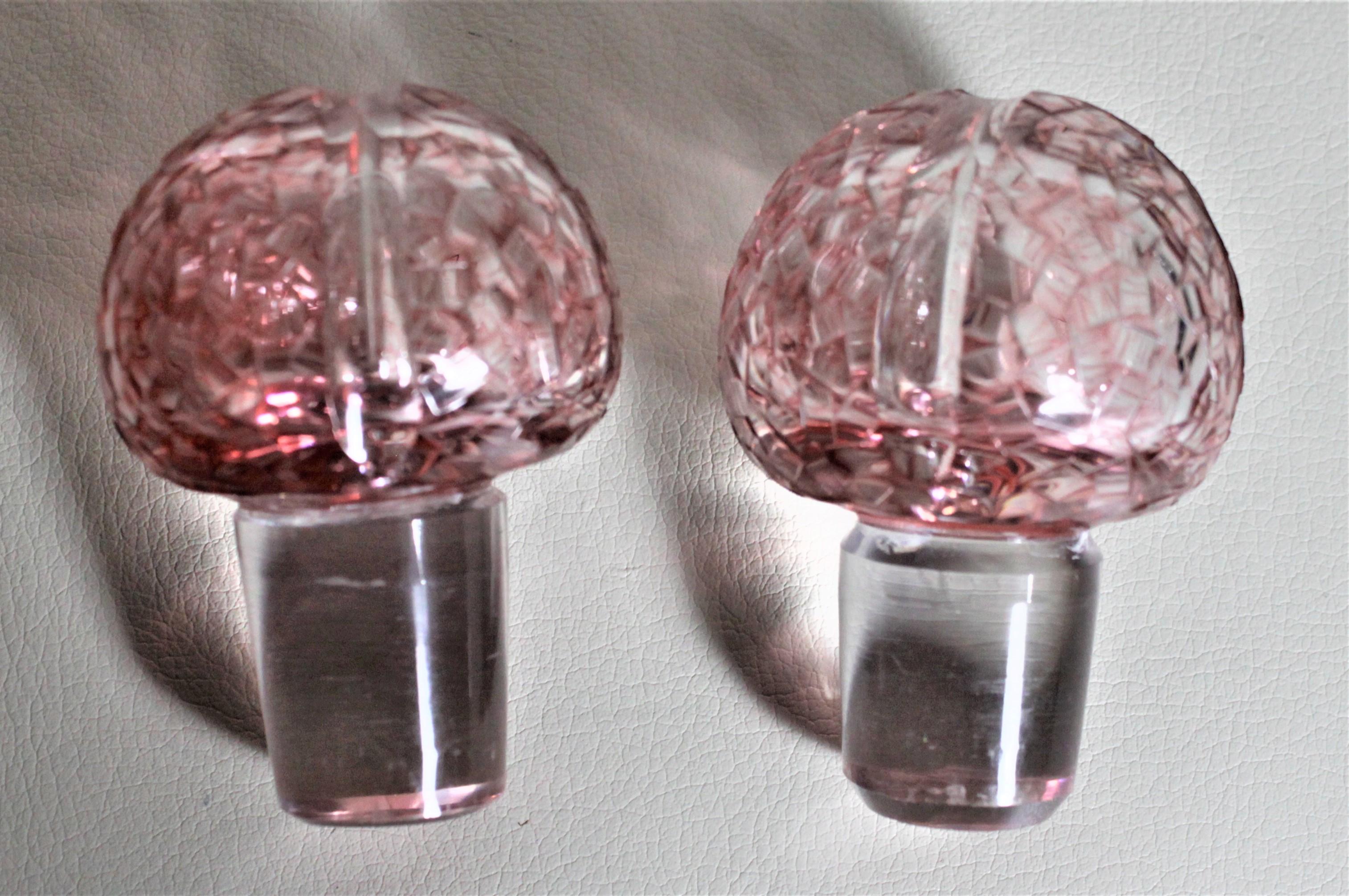 Pair of Antique Pink Cranberry Cut Glass Bottle Decanters with Sterling Rims In Good Condition In Hamilton, Ontario