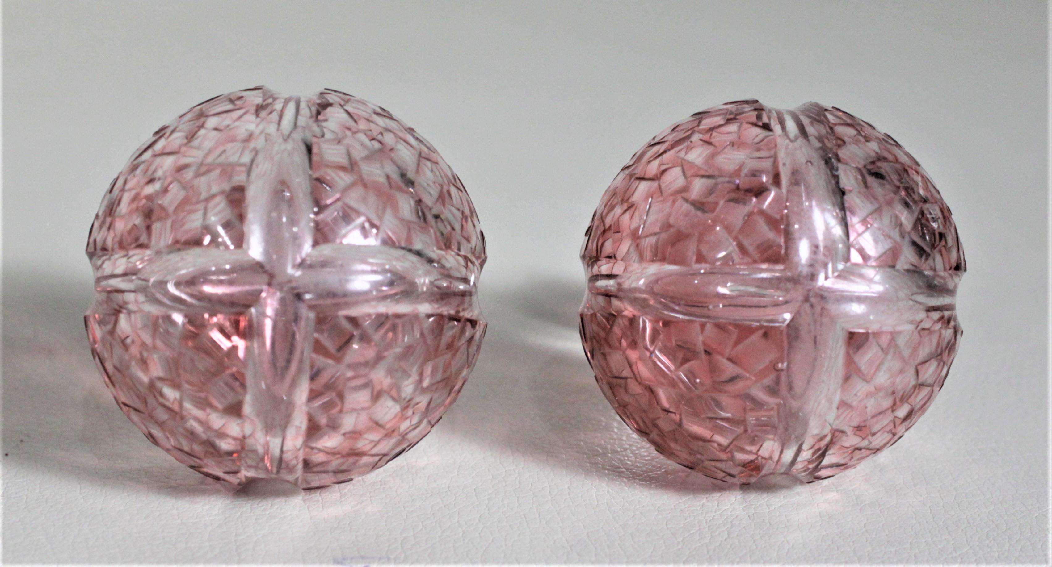 20th Century Pair of Antique Pink Cranberry Cut Glass Bottle Decanters with Sterling Rims